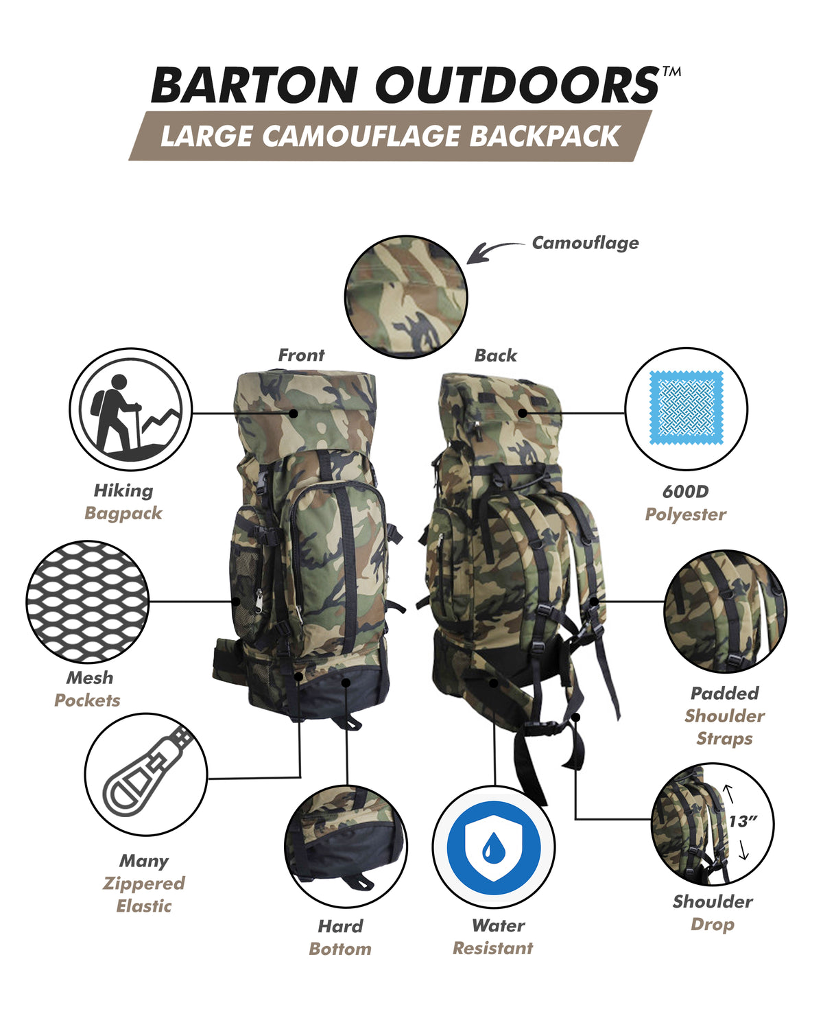 30-Inch Camouflage Water-Resistant Hiking Backpack